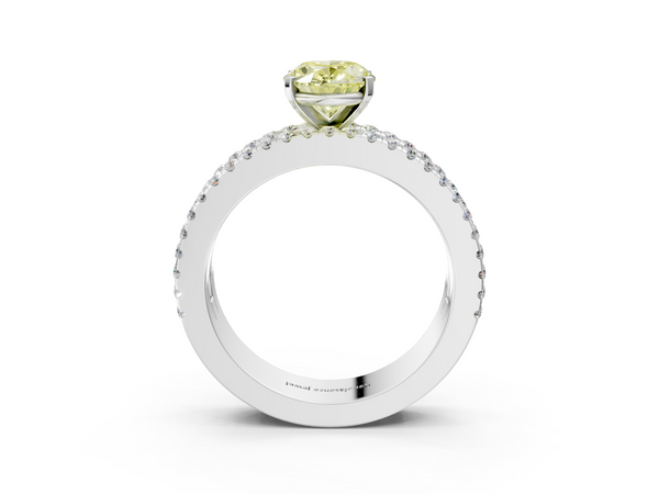 Platinum Fancy Yellow Oval Cut Diamond Solitaire Ring with Pavé and Channel Set Band