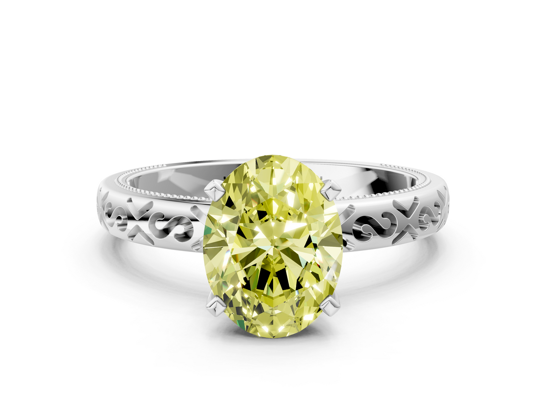 White gold Fancy Yellow Oval  Solitaire Engagement Ring with Scrollwork Band and Four-Prong Setting_113