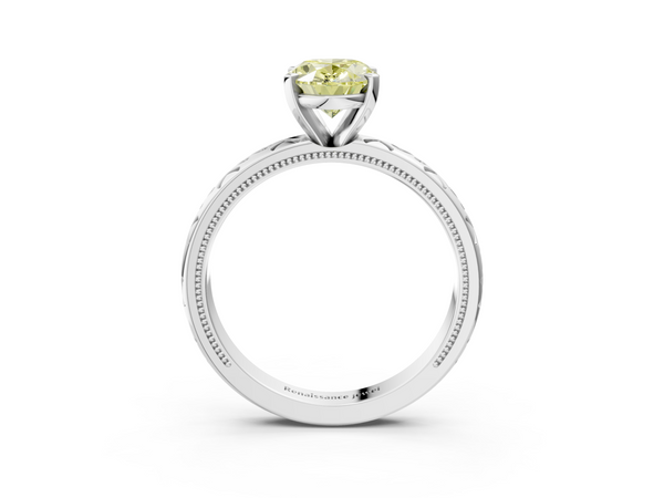 Platinum Fancy Yellow Oval  Solitaire Engagement Ring with Scrollwork Band and Four-Prong Setting