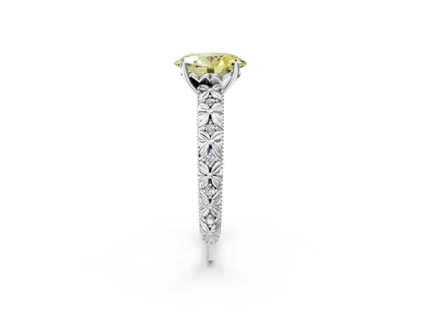 Platinum Fancy Yellow Oval  Solitaire Floral Milgrain Engagement Ring