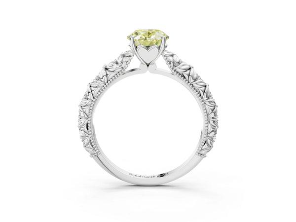 Platinum Fancy Yellow Oval  Solitaire Floral Milgrain Engagement Ring