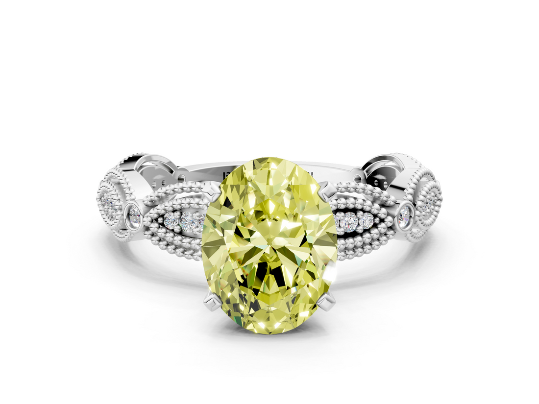 White gold Fancy Yellow Oval  Solitaire Milgrain Diamond Engagement Ring with Bezel and Marquise Band_149