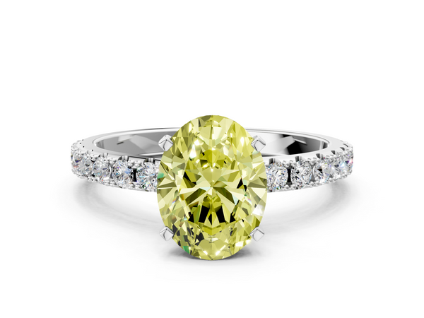 White gold Fancy Yellow Oval Cut Diamond Solitaire Pavé Band with Four-Prong Setting