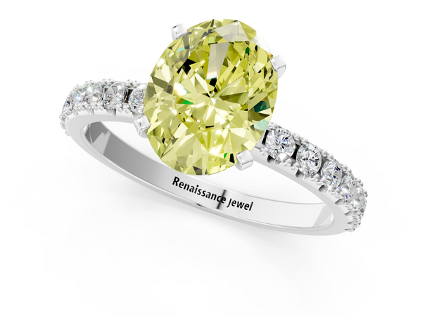 White gold Fancy Yellow Oval Cut Diamond Solitaire Pavé Band with Four-Prong Setting