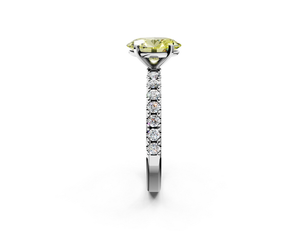 White gold Fancy Yellow Oval Cut Diamond Solitaire Pavé Band with Four-Prong Setting