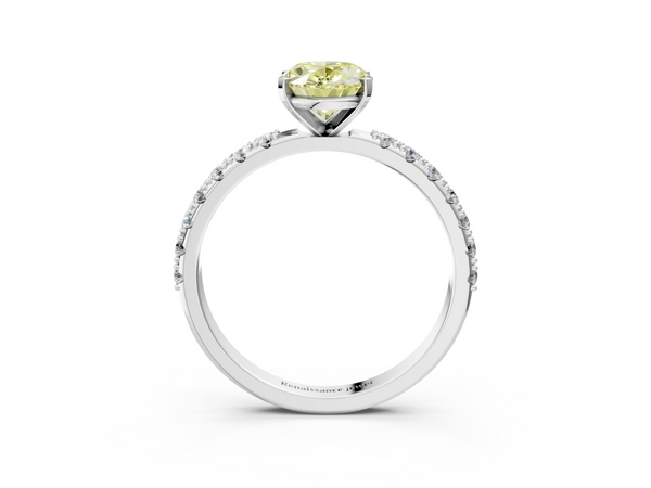 White gold Fancy Yellow Oval Cut Diamond Solitaire Pavé Band with Four-Prong Setting