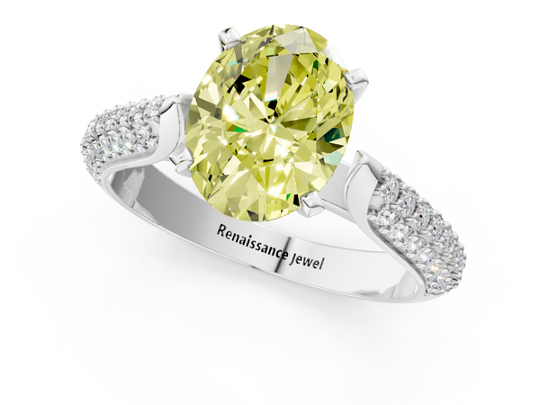 White gold Fancy Yellow Oval  Diamond Solitaire Engagement Ring with Pavé Band and Four-Prong Setting