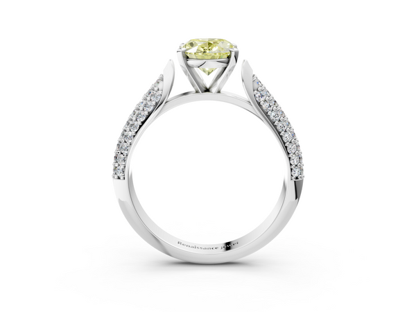 White gold Fancy Yellow Oval  Diamond Solitaire Engagement Ring with Pavé Band and Four-Prong Setting