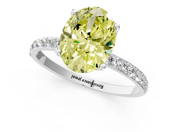 White gold Fancy Yellow Oval Cut Diamond Solitaire Engagement Ring with Round  Pavé Band and Prong Setting