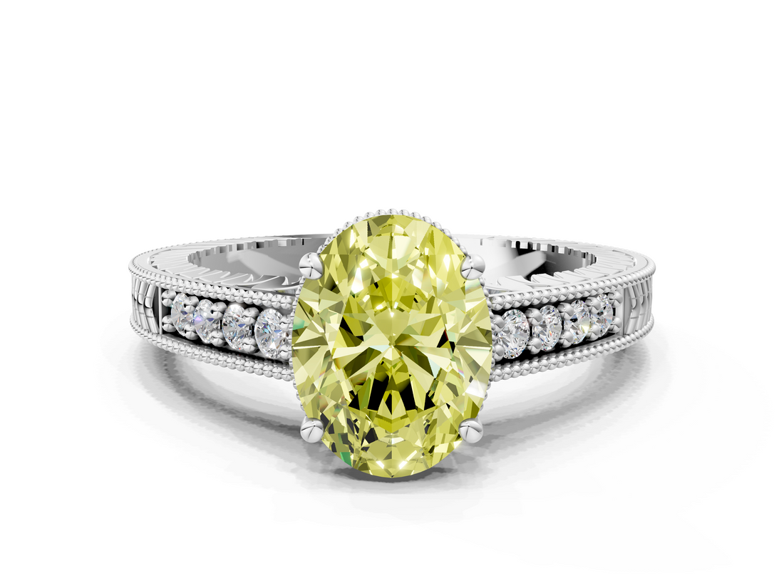 White gold Fancy Yellow Oval  Solitaire Pavé Diamond Milgrain Engagement Ring with Four-Prong Setting_3