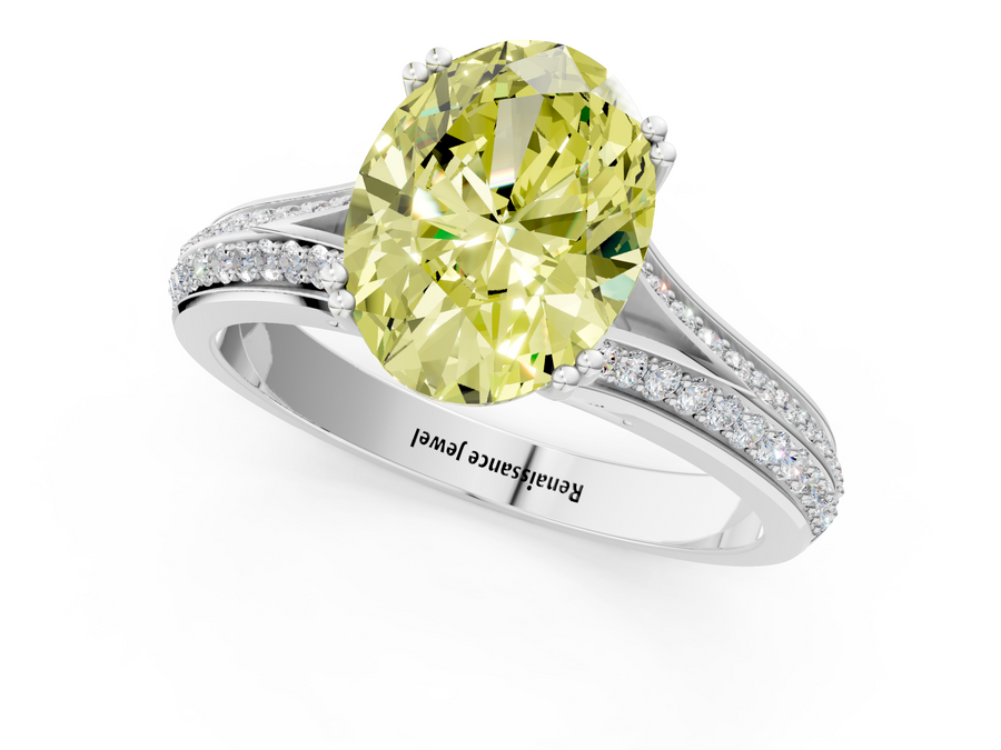 White gold Fancy Yellow Oval Cut Diamond Split Shank Engagement Ring with Pavé Band