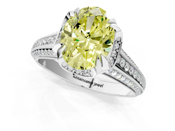 White gold Fancy Yellow Oval  Solitaire Pave Split Shank Ring with Four-Prong Setting
