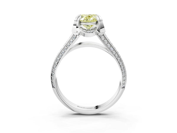White gold Fancy Yellow Oval  Solitaire Pave Split Shank Ring with Four-Prong Setting