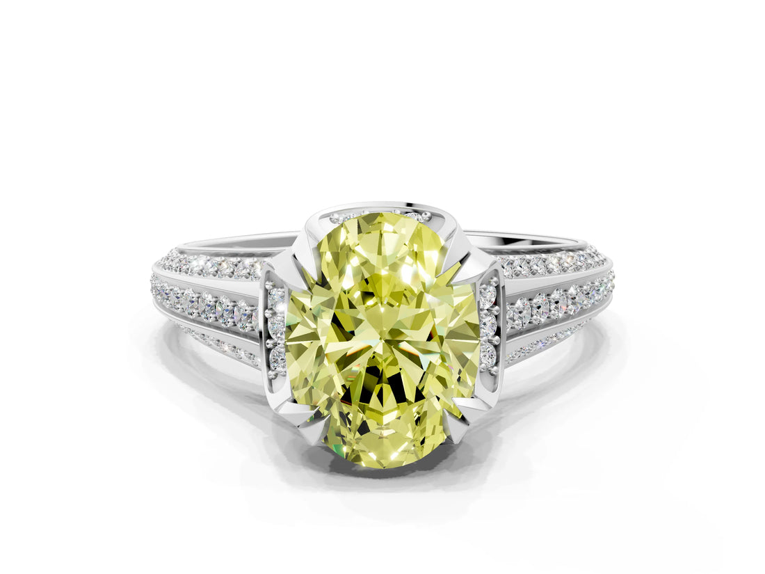 White gold Fancy Yellow Oval  Solitaire Pave Split Shank Ring with Four-Prong Setting_219