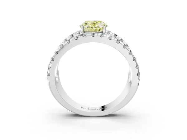 Platinum Fancy Yellow Oval  Solitaire Split Shank Pave Diamond Ring