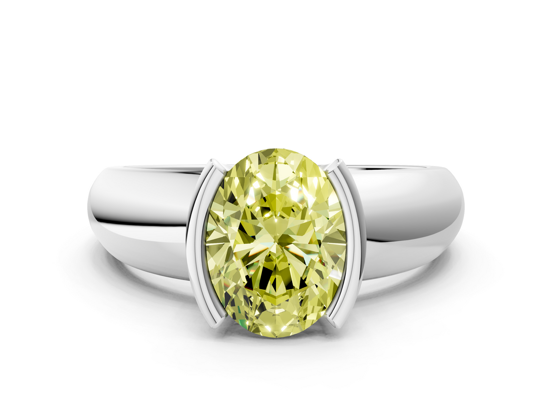 White gold Fancy Yellow Oval  Solitaire Tension Set Diamond Ring with Wide Band_19
