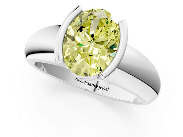 White gold Fancy Yellow Oval  Solitaire Tension Set Diamond Ring with Wide Band
