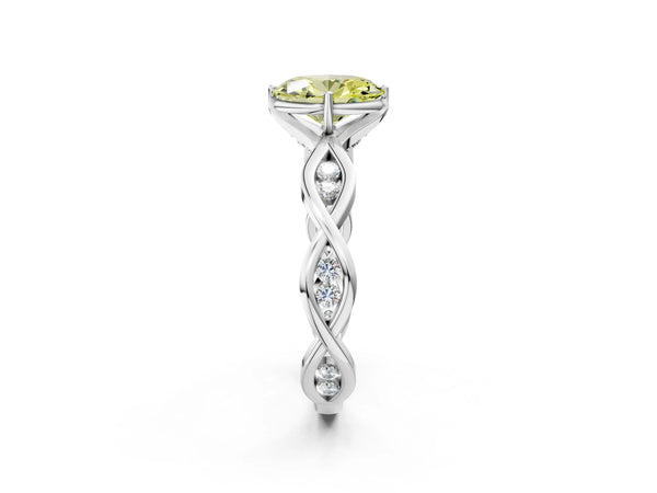 White gold Fancy Yellow Oval  Solitaire Twist Band with Leaf Prong Setting
