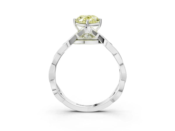 White gold Fancy Yellow Oval  Solitaire Twist Band with Leaf Prong Setting