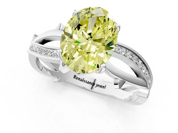 White gold Fancy Yellow Oval  Solitaire Twist Band with Pavé Accents and Four-Prong Setting