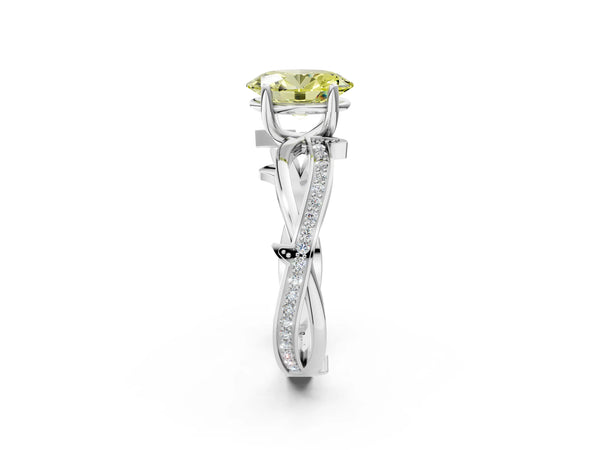 White gold Fancy Yellow Oval  Solitaire Twist Band with Pavé Accents and Four-Prong Setting