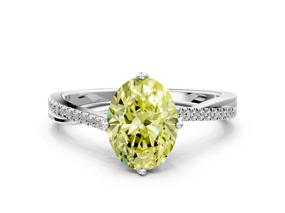 White gold Fancy Yellow Oval  Solitaire Twist Band with Pavé Diamonds and Four-Prong Setting_65