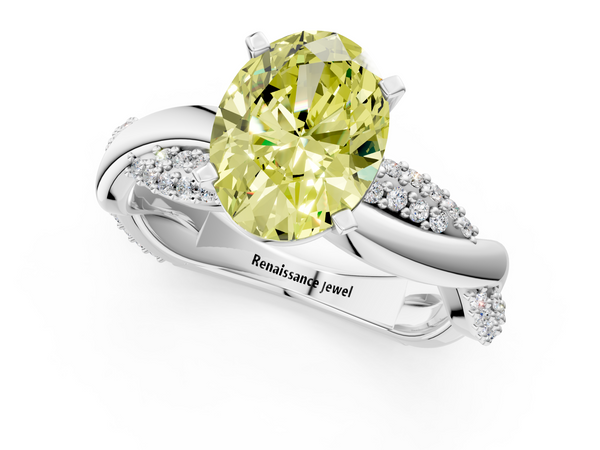 White gold Fancy Yellow Oval  Solitaire Twist Band with Pave Prong Setting