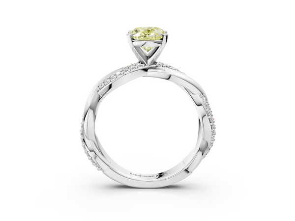 White gold Fancy Yellow Oval  Solitaire Twist Band with Pave Prong Setting