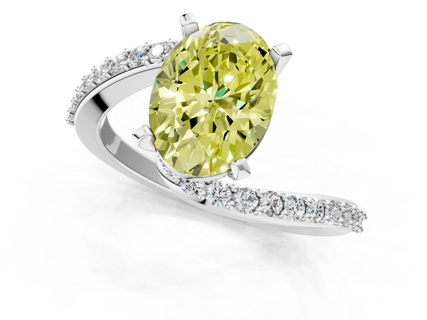 Platinum Fancy Yellow Oval  Solitaire Twist Band with Pave Set Diamonds and Four-Prong Setting