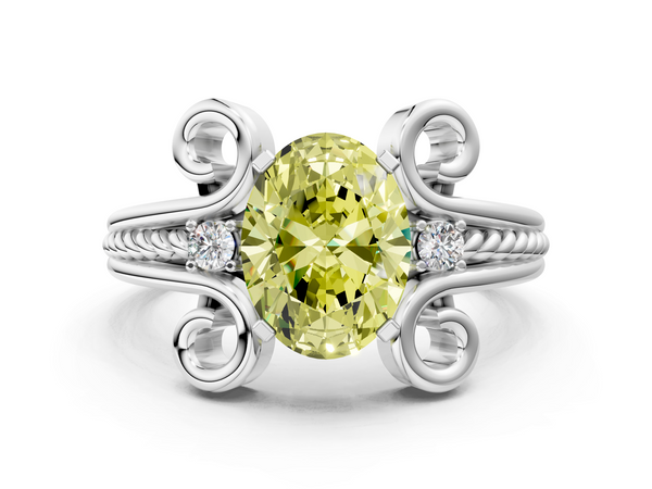 Platinum Fancy Yellow Oval  Solitaire Twisted Band Scroll Prong Ring