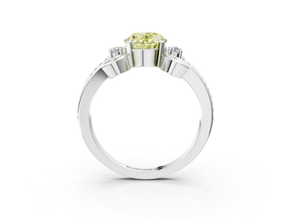 Platinum Fancy Yellow Oval  Solitaire Twisted Band Scroll Prong Ring