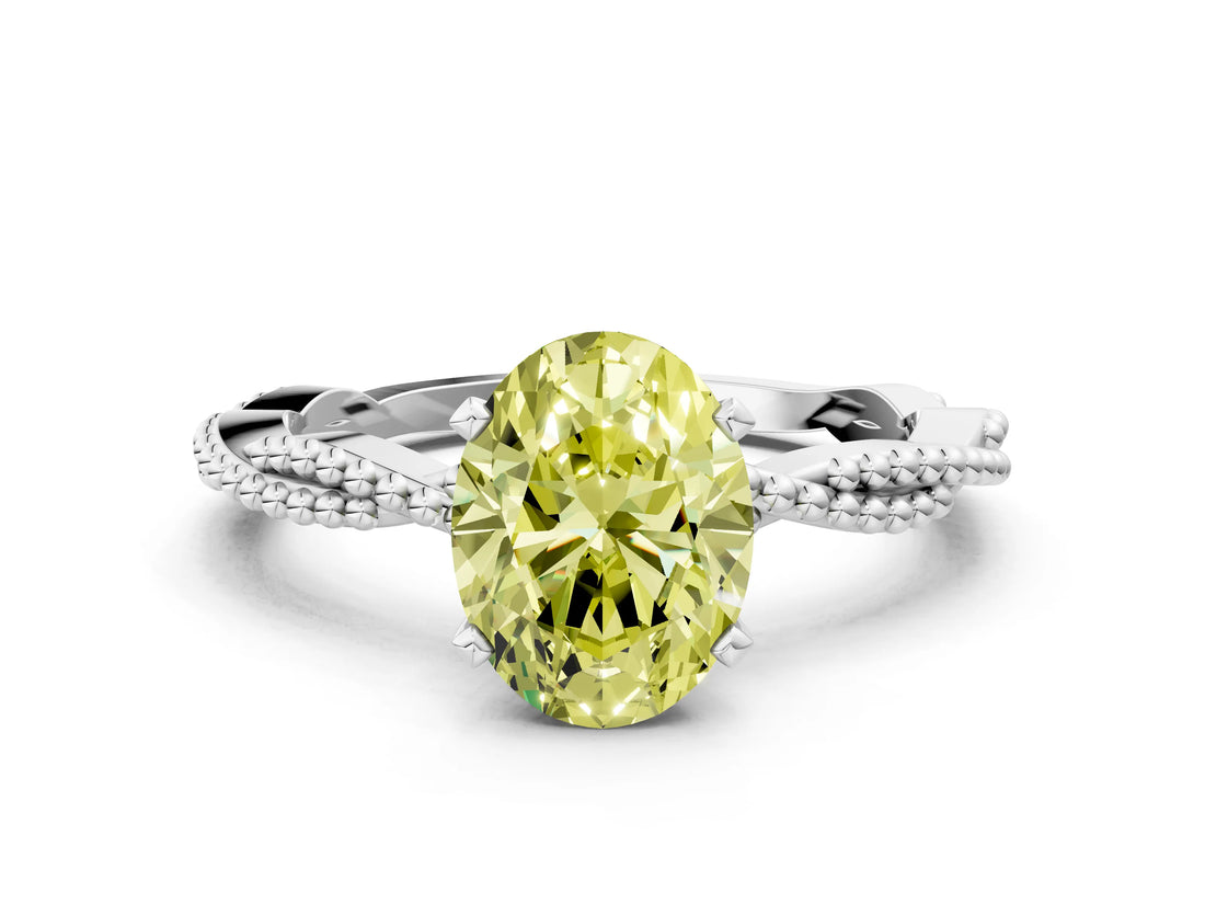 White gold Fancy Yellow Oval  Solitaire Twisted Band with Bead Prong Setting_404