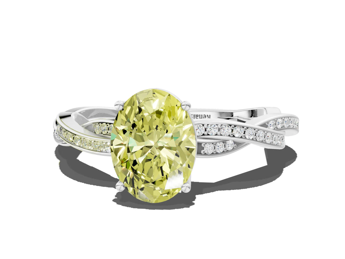 White gold Fancy Yellow Oval  Solitaire Twisted Pave Diamond Ring with Four-Prong Setting_128