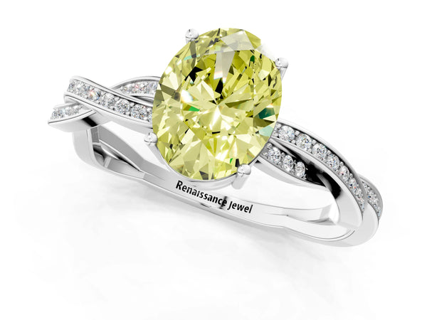 Platinum Fancy Yellow Oval  Solitaire Twisted Pave Diamond Ring with Four-Prong Setting