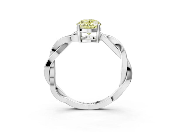 Platinum Fancy Yellow Oval  Solitaire Twisted Pave Diamond Ring with Four-Prong Setting