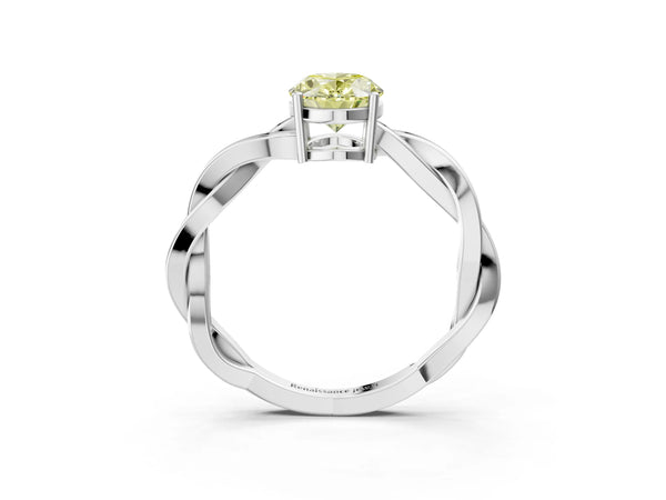 Platinum Fancy Yellow Oval  Solitaire Twisted Pave Diamond Ring with Four-Prong Setting