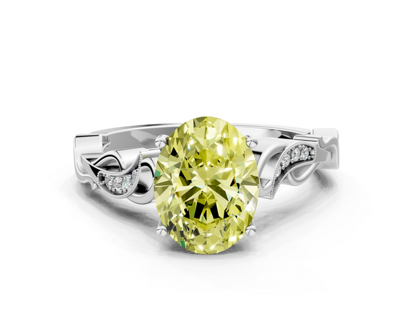 Platinum Fancy Yellow Oval  Solitaire Vine Band with Milgrain Prong Setting