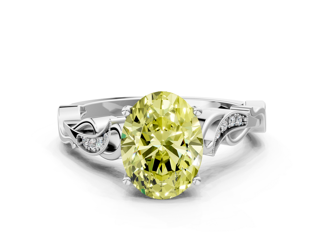 White gold Fancy Yellow Oval  Solitaire Vine Band with Milgrain Prong Setting_3