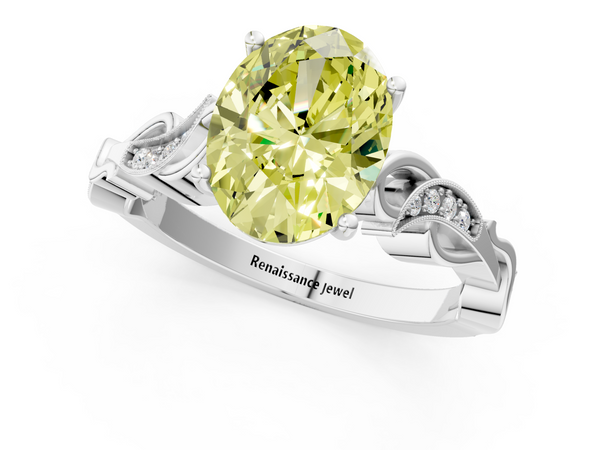 Platinum Fancy Yellow Oval  Solitaire Vine Band with Milgrain Prong Setting