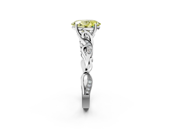 Platinum Fancy Yellow Oval  Solitaire Vine Band with Milgrain Prong Setting