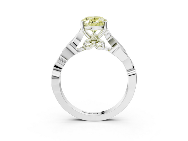 Platinum Fancy Yellow Oval  Solitaire Vine Band with Milgrain Prong Setting