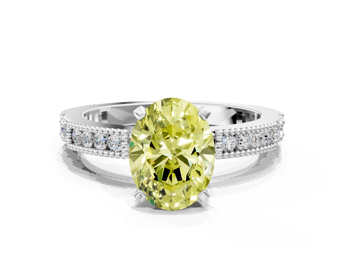 White gold Fancy Yellow Oval  Solitaire with Pavé Band and Four-Prong Setting_330