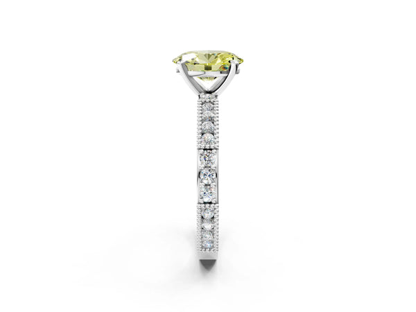 White gold Fancy Yellow Oval  Solitaire with Pavé Band and Four-Prong Setting