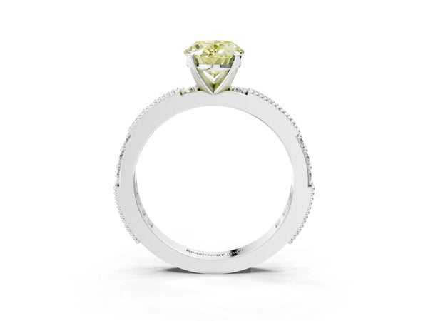 White gold Fancy Yellow Oval  Solitaire with Pavé Band and Four-Prong Setting
