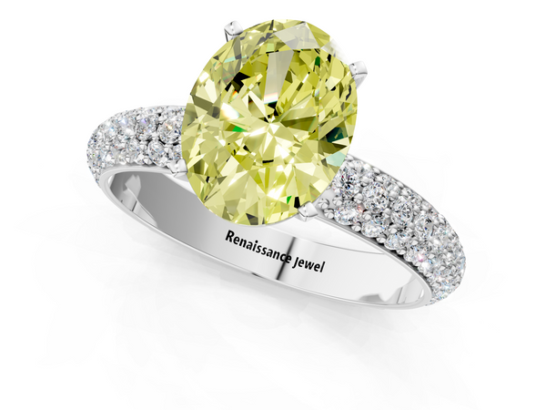 White gold Fancy Yellow Oval  Diamond Solitaire Ring with Prong Setting and Pavé Band
