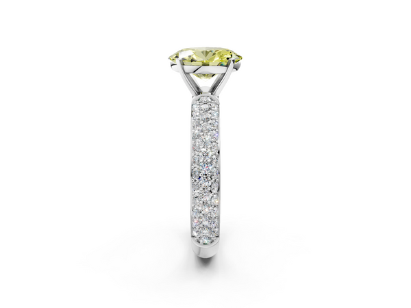 White gold Fancy Yellow Oval  Diamond Solitaire Ring with Prong Setting and Pavé Band