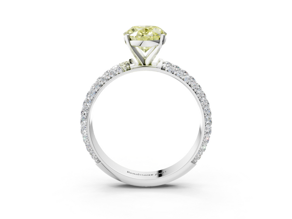 White gold Fancy Yellow Oval  Diamond Solitaire Ring with Prong Setting and Pavé Band