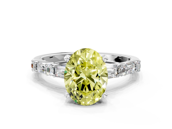 Platinum Fancy Yellow Oval Cut Diamond Solitaire with Side Baguettes and Channel Set Band