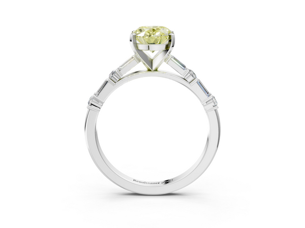 Platinum Fancy Yellow Oval Cut Diamond Solitaire with Side Baguettes and Channel Set Band