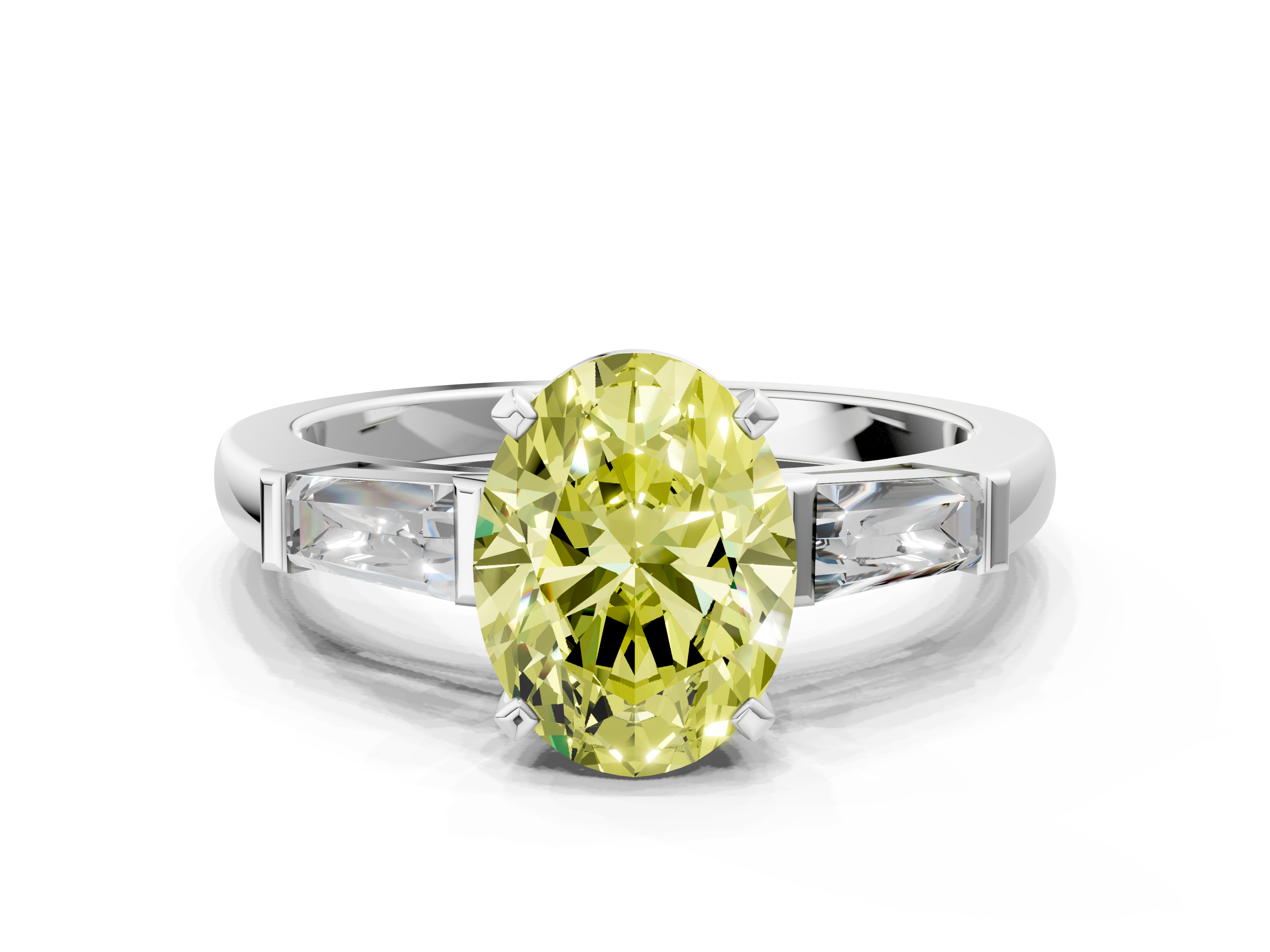 White gold Fancy Yellow Oval  Solitaire with Tapered Baguette Side Stones on a Classic Band with Four-Prong Setting_58